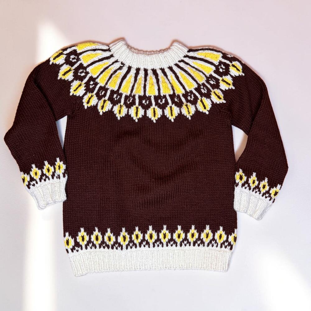 Vintage Handmade Handknit Fair Isle Sweater Wool Brown Yellow White Women's Med